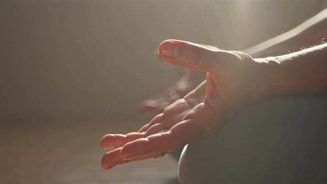 Close-up of an open hand resting gently in a meditation pose, illuminated by soft, directional sunlight. A symbol of openness and relaxation.