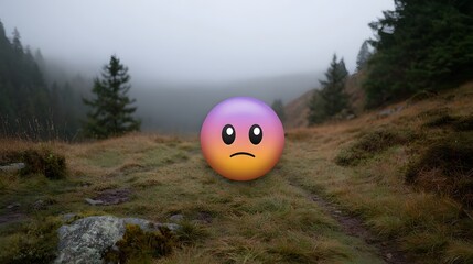 A sad faced emoji is superimposed on a foggy atmospheric mountain landscape with dry grass and evergreen trees