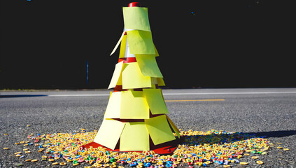 Obraz premium Colorful Paper Christmas Tree on Asphalt with Confetti