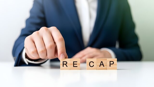 Businessman placing wooden blocks with the word recap on a white desk in a professional setting