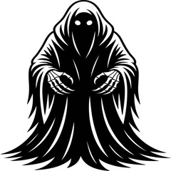Dark hooded reaper illustration with glowing eyes and clawed hands, symbolizing death, fear, mystery, horror, and supernatural darkness.