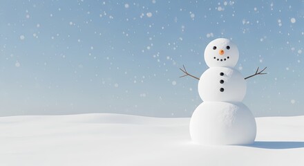 A minimalistic snowman standing alone on a wide snowy landscape under a clear blue sky with gentle falling snow