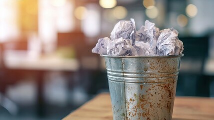Paper waste sits in a metal bin in a bright office space during the day