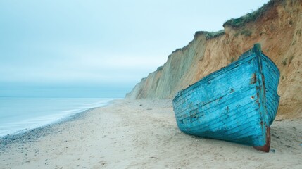 Old boat on beach beside sandy cliffs under cloudy sky