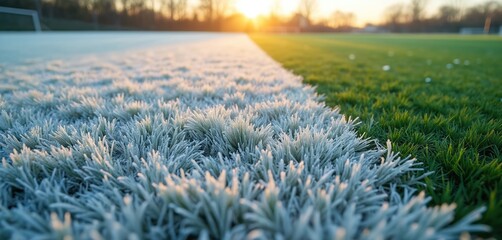 Frost covers synthetic turf on cold morning at sport field. Half field ground is frozen with ice crystals. Sun lightens frozen stadium. Turf and nature coexist in winter.
