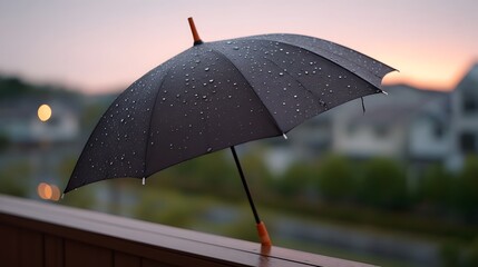 An open grey umbrella with water droplets rests on a wooden surface against a blurred dawn or dusk sky