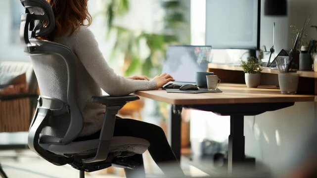 A woman sits on an ergonomic chair at a contemporary desk, focused on her laptop in a sunlit home office. The workspace features modern furniture, greenery, and a calm, motivating atmosphere
