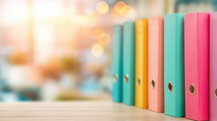 Colorful binders arranged on a table with blurred background lights