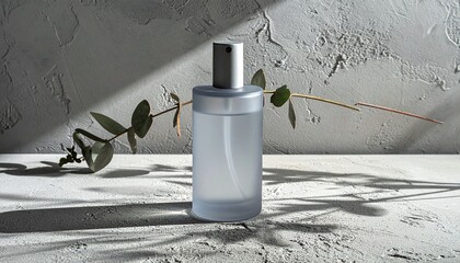 Gray fragrance bottle on concrete with plant