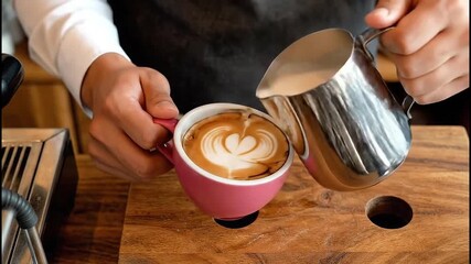 Top-down view of a barista pouring steamed milk into a pink ceramic cup, forming a perfect heart shape in the coffee foam. Cozy coffee shop ambience, warm tones, wooden table surface, soft daylight,