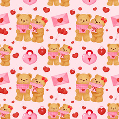 watercolor valentine seamless pattern with cute teddy bears holding hearts on soft pink background ideal for romantic wrapping paper nursery decor fabric prints scrapbook designs celebrating love gift
