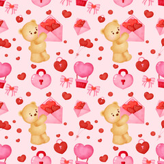 watercolor valentine seamless pattern with cute teddy bears holding hearts on soft pink background ideal for romantic wrapping paper nursery decor fabric prints scrapbook designs celebrating love gift