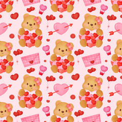watercolor valentine seamless pattern with cute teddy bears holding hearts on soft pink background ideal for romantic wrapping paper nursery decor fabric prints scrapbook designs celebrating love gift