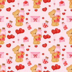 watercolor valentine seamless pattern with cute teddy bears holding hearts on soft pink background ideal for romantic wrapping paper nursery decor fabric prints scrapbook designs celebrating love gift