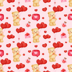 watercolor valentine seamless pattern with cute teddy bears holding hearts on soft pink background ideal for romantic wrapping paper nursery decor fabric prints scrapbook designs celebrating love gift