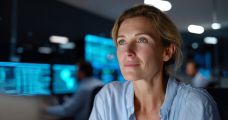 Focused businesswoman working late in modern with digital screens and data analytics in background