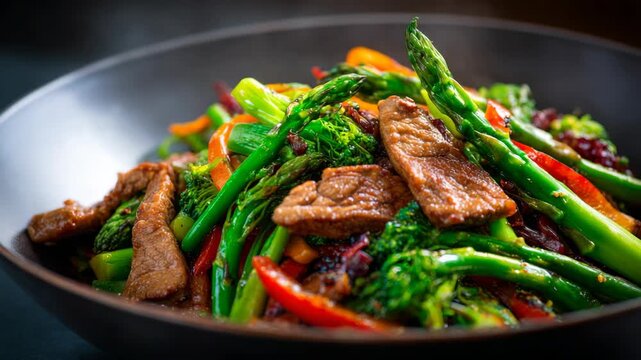 Sizzling stir fry beef with vibrant asparagus, broccoli, and bell pepper in hot wok, fresh vegetable Asian cuisine close up, appetizing and colorful dish for healthy cooking lovers
