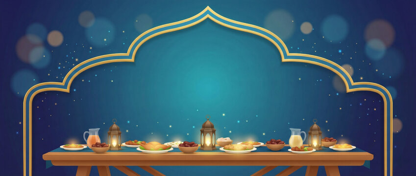 Ramadan iftar party banner with dining table and lanterns