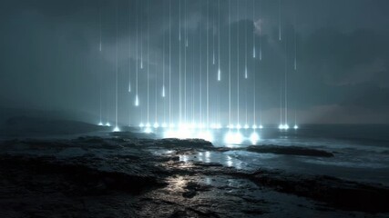 Digital light beams descend vertically and disappear into ocean waves, creating futuristic and mysterious atmosphere over rocky shoreline at night, blending surreal and enigmatic scenes - Powered by Adobe