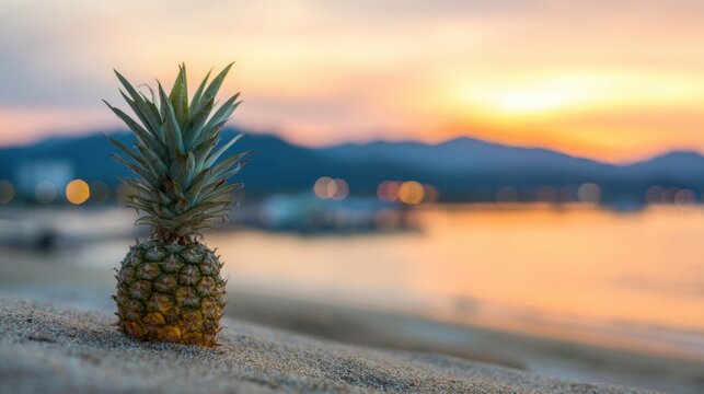 Pineapple on beach with sunset and mountains in background during evening - Powered by Adobe
