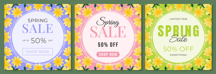 Spring sale banner set with yellow daisy flowers and green nature background for retail promotion.