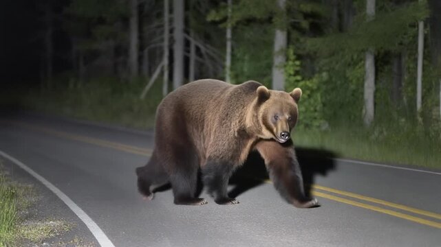 A massive brown bear boldly walking across a dark road at night, showcasing the wild and untamed wilderness