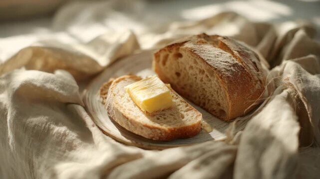 Rustic sourdough bread slice with thick butter pat ceramic plate, soft natural light, cozy minimalist breakfast scene, warm and inviting atmosphere, natural rustic breakfast with sourdough bread