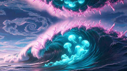 Enchanted crystalline ocean wave with luminous jellyfish under a swirling mystical sky