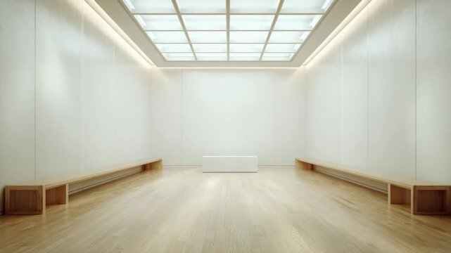 Minimalist gallery interior with soft light, subtle shadows glide along walls and floor, wooden bench, central display, calm serene atmosphere, modern architecture, empty exhibition space, art focus