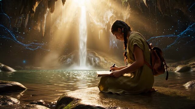 woman drawing in cave near waterfall. sketchbook open with backpack beside. sunlight filters through cave opening onto nature pool. travel adventure mood captured in deep quiet creative solitude.