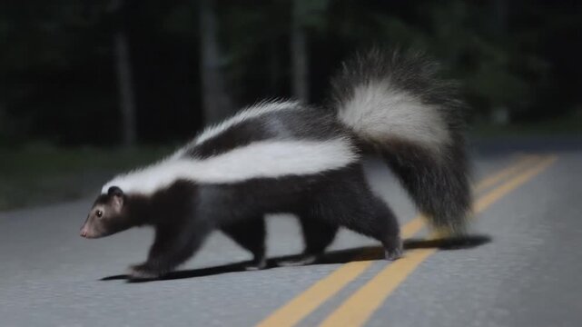 A striped skunk cautiously crossing the road at night. The skunk has a striking black and white pattern