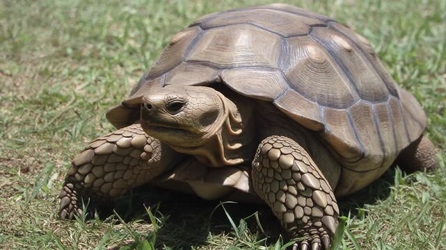 A solitary tortoise basking in the sun on a grassy field. The tortoise has a large, textured shell and alert eyes