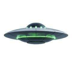 Realistic classic flying saucer U F O with green lights hovering in space... isolated on a transparent background