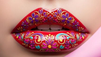 Close-up of vibrant red lips adorned with intricate, colorful floral and scrollwork patterns, showcasing artistic lip makeup.