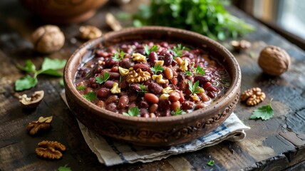 A dish of Georgian cuisine.
Lobio Nigvsit (cold appetizer):
Boiled whole beans seasoned with a thick paste of walnuts, wine vinegar and fresh herbs.