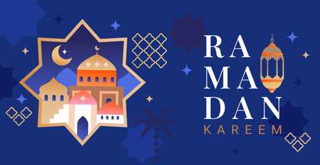 Fototapeta na wymiar Ramadan kareem greeting card for holiday. Banner for traditional muslim holiday with mosque in golden frame. Islamic greeting poster. Template for design, social media, web. Vector illustration.