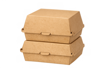 Two recycled kraft paper food boxes stacked, ready for restaurant takeout or home delivery on a transparent background