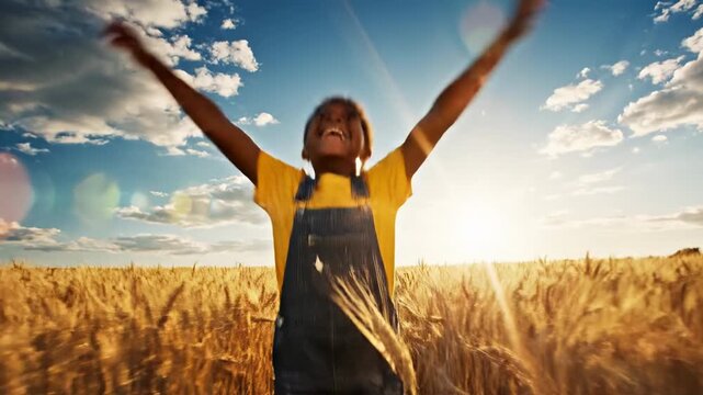 A Joyful Black Child Running Through a Sunlit Wheat Field with Arms Spread Wide