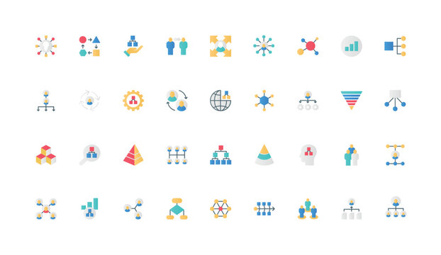 Organizational structure of corporate company, org chart and hierarchy of employees group color icon set. Business workforce, tree flowchart with chairman, pyramid flat elements vector illustration