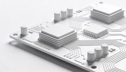 Close-up view of a white circuit board with intricate pathways and microchips