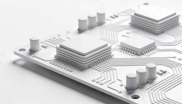Close-up view of a white circuit board with intricate pathways and microchips