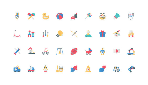 Games activity and hobby of children, cognitive development toys for baby kids color icon set. Scooter and sport balls, train and robot, kite and mobile game flat elements vector illustration