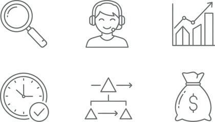 Business icons representing customer support and financial growth