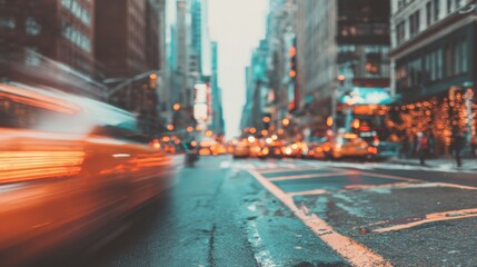 Obraz premium Traffic moves through busy street in city at twilight with lights shining