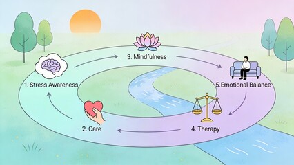 Mindfulness journey with stress awareness and emotional balance near a river and sun