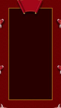animated chinese new year frame with koi fishes, red scroll, folding fan and flowers.