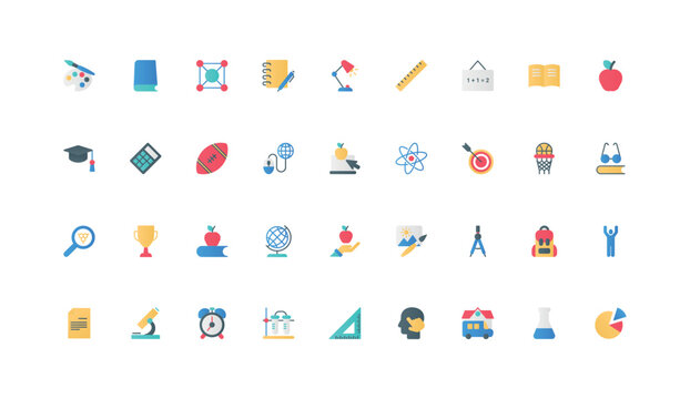 Back to school, education and learning tools, sport color icon set. Preparation to lessons, backpack and ruler, microscope and calculator, library book to study flat elements vector illustration
