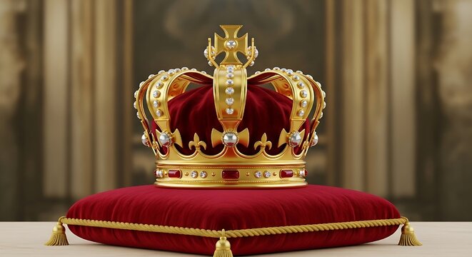 A luxurious gold crown with precious stones on a red velvet pillow
