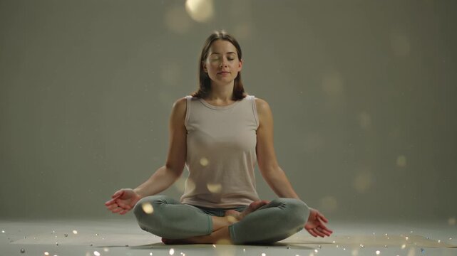 Young woman in white top meditating calmly, surrounded by golden sparkles. Peaceful and reflective moment captured in warm light.