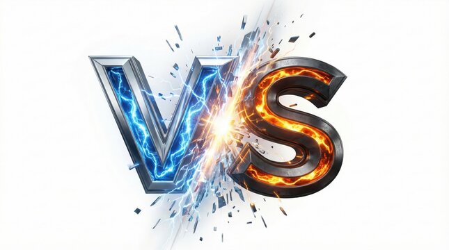 Versus concept, metallic VS letters with explosion and fire effects, blue and red energy clash, used for competition,battle,gaming or comparison visuals